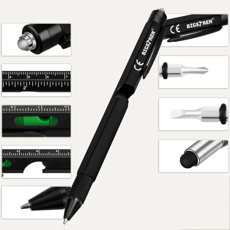 Multifunkčné pero 9v1 - LED svetlo, otvárač na fľaše, skrutkovač, vodováha, pravítko, stylus – Obrázok 2