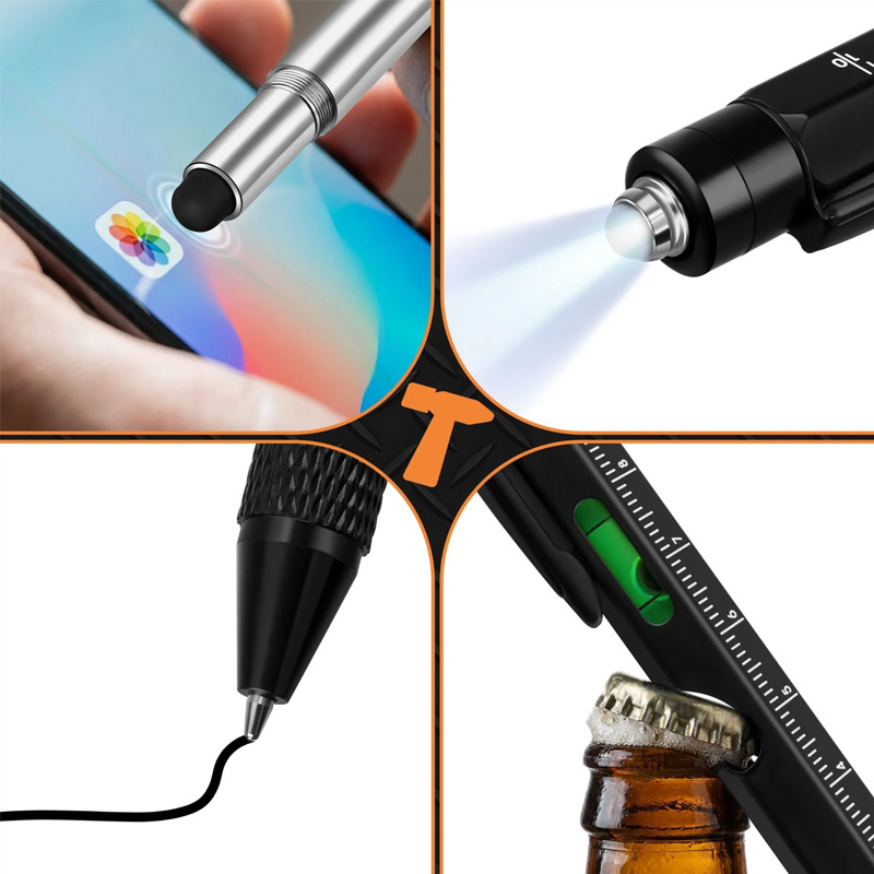 Multifunkčné pero 9v1 - LED svetlo, otvárač na fľaše, skrutkovač, vodováha, pravítko, stylus – Obrázok 3